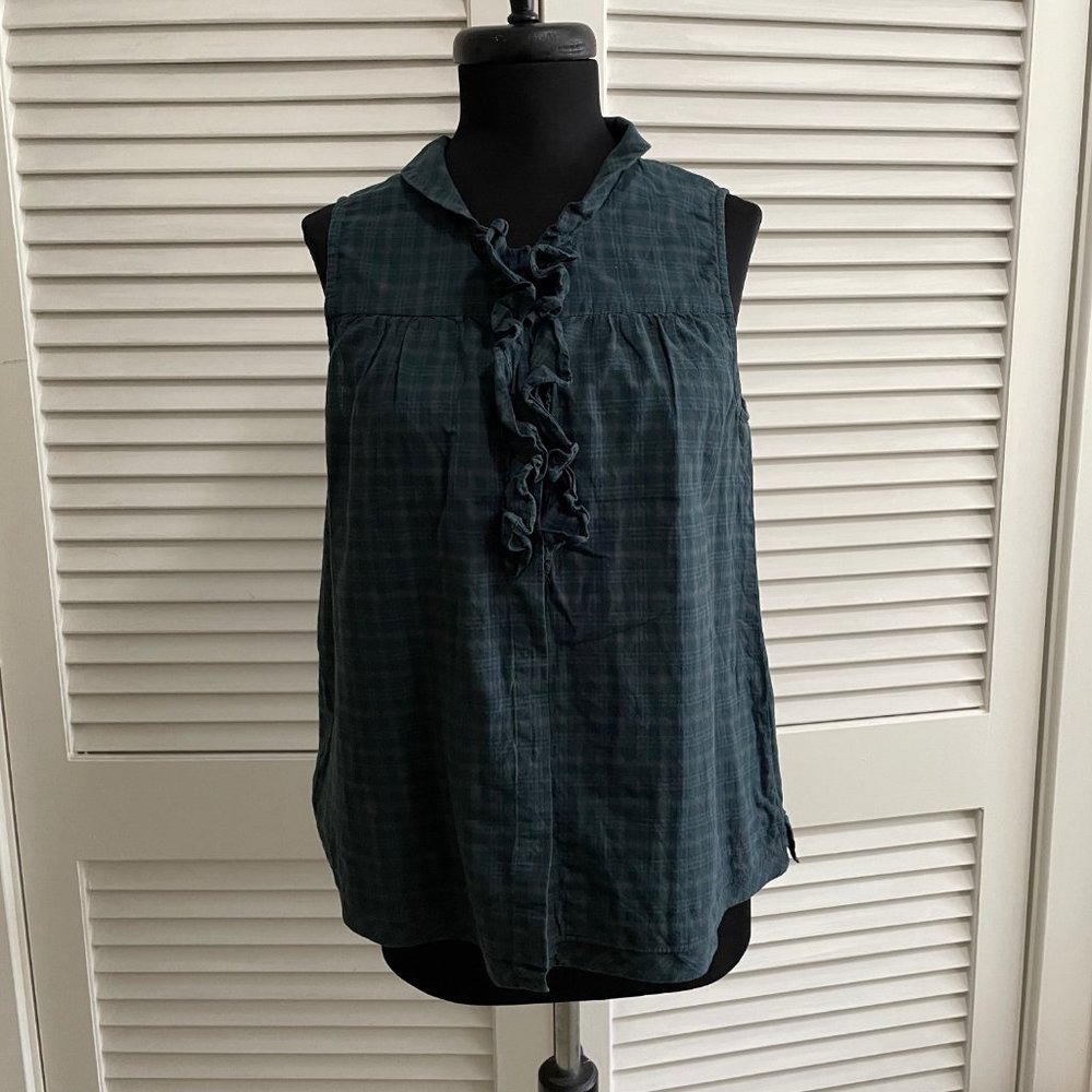 Anthropologie blue/green plaid tank with ruffle